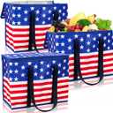 AnyDesign 3Pcs Patriotic Insulated Reusable Grocery Bags with Hard Bottom & Handles 4th of July American Flag Foldable Large Tote Cooler Bags for 250 Anniversary Hot Cold Drink Fresh Food Delivery
