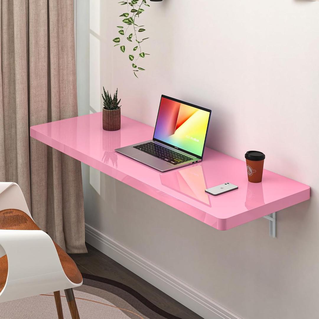 Clikuutory Wall Mounted High Gloss Folding Table, Wall Desk Fold Down for Small Spaces, Folding Workbench for Laundry Room, Home Office, Kitchen, Bedroom, Home Bar, Pink (47.2"19.7")