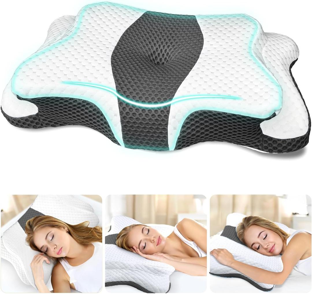 Memory Foam Pillows, Cervical Pillow for Neck and Shoulder Pain Relief, Ergonomic Contour Bed Pillow, Soft for Side Sleep Stomach Sleeping and Back Sleeper (Queen Size-24.8''Lx14.96''Wx5.78''H, Grey)