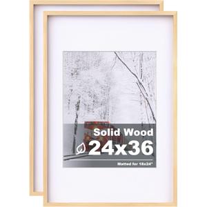 Egofine 24x36 Poster Frame Set of 2 Solid Wood Frame with Plexiglass Matted for 18x24 for Wall Mounting Hanging Picture Frame Vertically or Horizontally, Natural Wood