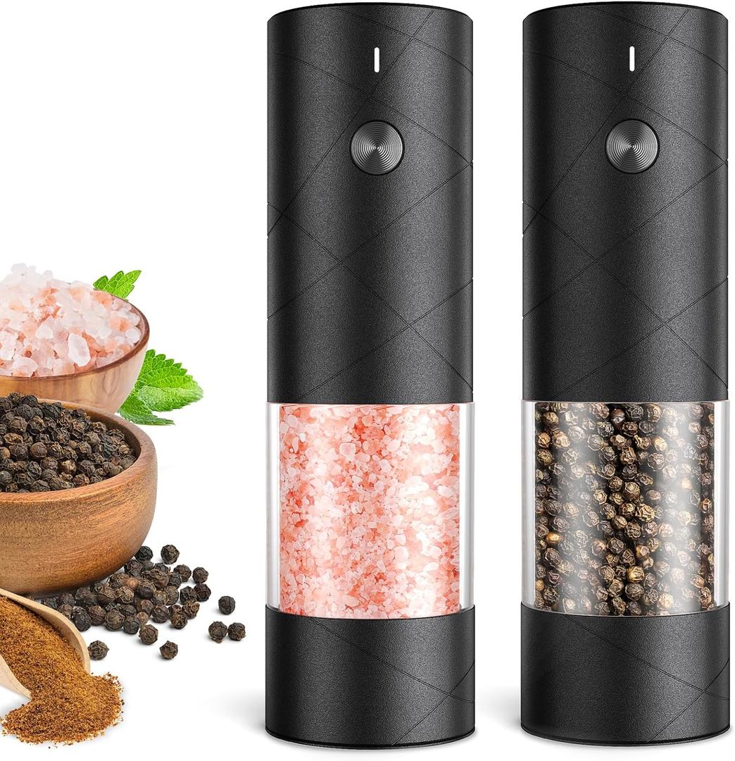 Rechargeable Salt and Pepper Grinder Set with LED Light, Adjustable Coarseness shakers, One-Hand Operation for Kitchen Appliances Christmas Gift Sets for Women(2 Pack Upgrade Black)