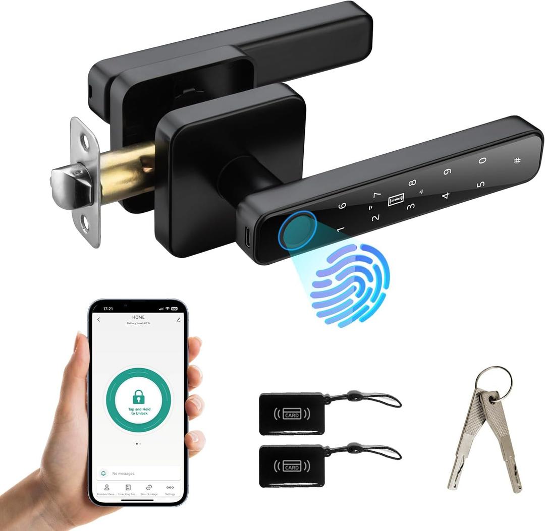 Smart Door Knob with Key & Keypad, Bluetooth Keyless Entry, Biometric Fingerprint Door Lock - Privacy & Passage Doorknob Functions for Home, Bedroom, Office, and Apartment (Black197)