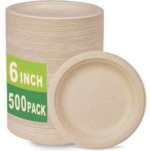 GreenWorks 500 Count 6 Small Compostable Dessert Plates, Heavy-duty Unbleached Biodegradable Bagasse and Bamboo fiber Paper Plates