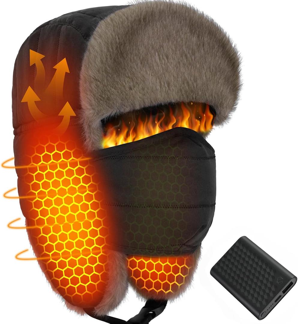 Wulcea Graphene Heated Trapper Hat with Ear Flaps Mask for Skiing Camping Hunting Motorcycle Ice Fishing Driver Fishermen
