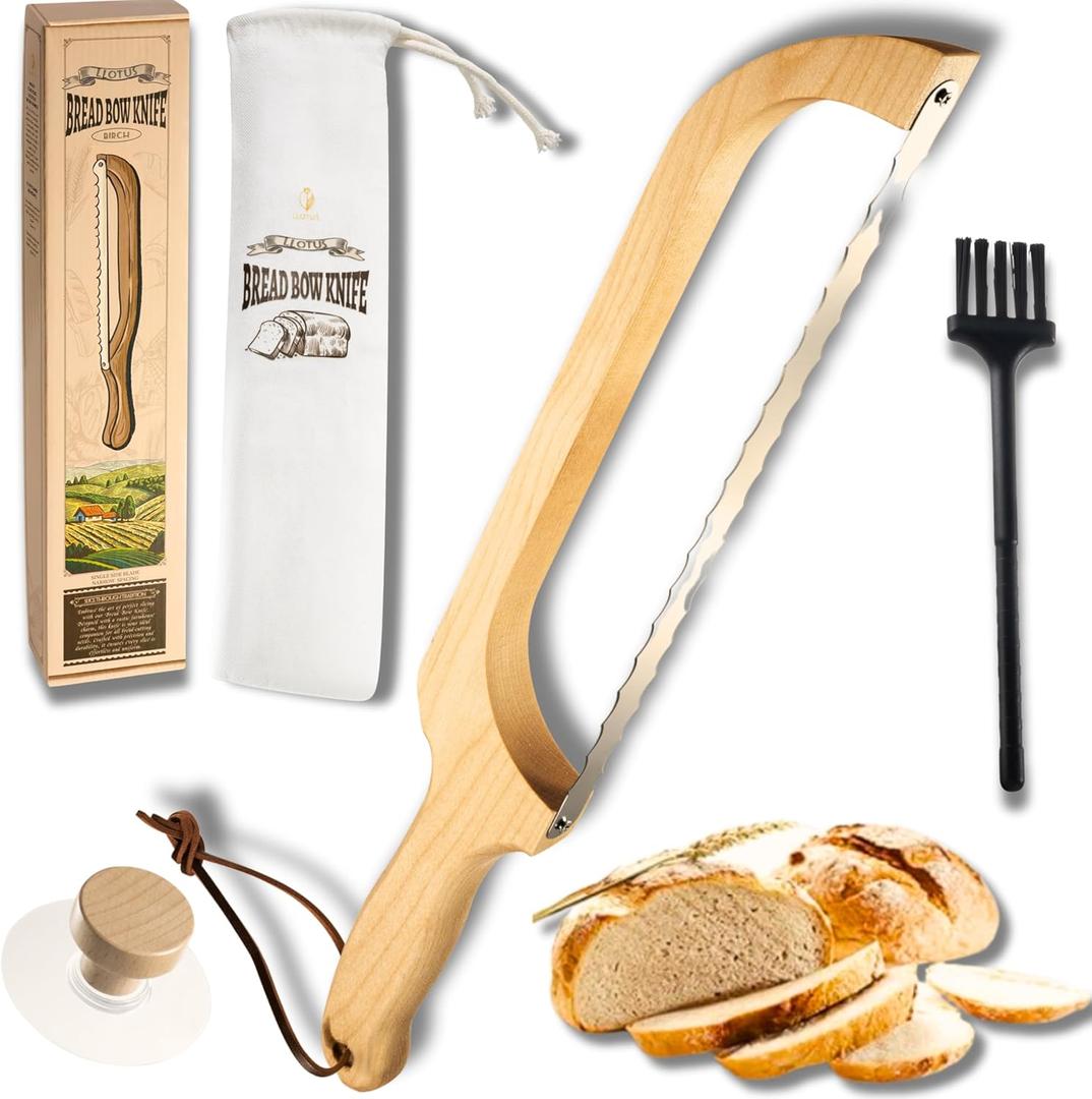 Double-Edged Bread Knife Package Slicer for Sourdough Bread, 16.5" Premium Wooden Bow Design, Premium Stainless Steel Serrated Saw, Cutter for cutting Loaf, Sandwich, Bagels, Homemade Bread (Birch)