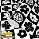 2 x Shelf Liners Non Adhesive Black & White Checkerboard Floral - Thickened Non-Slip Easy to Clean Drawer Liner for Kitchen Cabinets, Tool Box, Refrigerator, with Knife & Tape Measure, 12in x 118.1in
