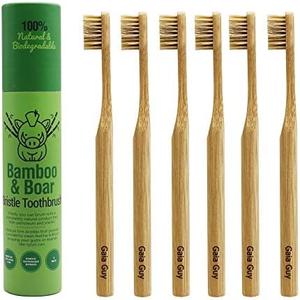 Gaia Guy Natural Bristle Bamboo Toothbrush (NO Nylon - Boar Hair ONLY) - Totally Compostable & Biodegradable Boar Bristle and Bamboo Toothbrushes - Zero Waste - Only 4Pack