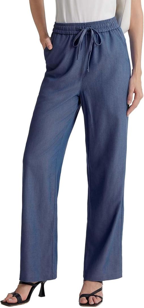 Womens Wide Leg High Rise Jeans Elastic Waist with Drawstring (Large, Dark Blue)