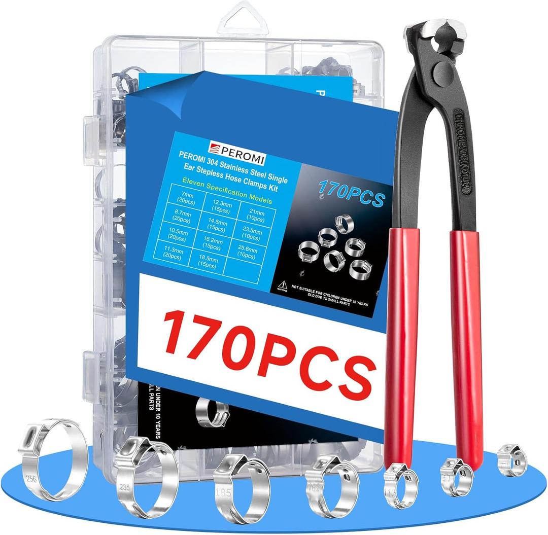 170 Pcs Single Ear Hose Clamps Kit, 11 Sizes 1/4"-1" (6mm-25.6mm), 304 Stainless Steel Crimp Hose Clamps with Pliers Fuel Line Clamps for Automotive, Plumbing, Garden Hose