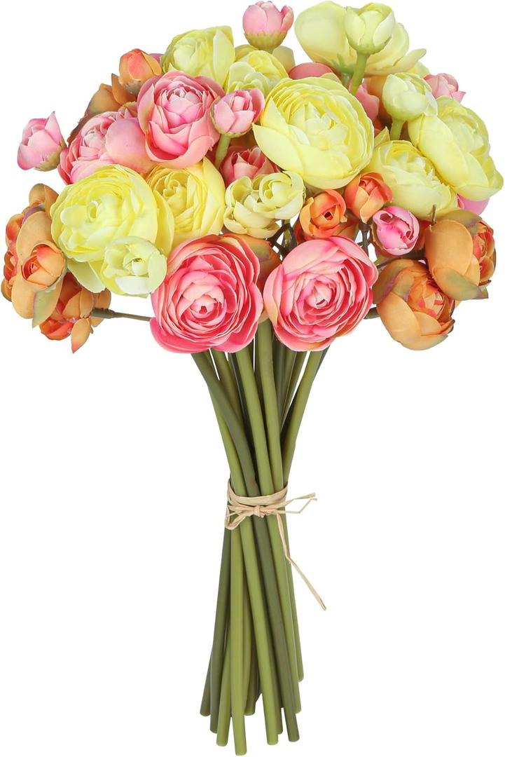 Ranunculus Artificial FlowersBundle 18Pcs Artificial Silk Mini Rose Flowers Persian Ranunculus Bouquet for Indoor Home Table Wedding Floral Arrangement (Orange)