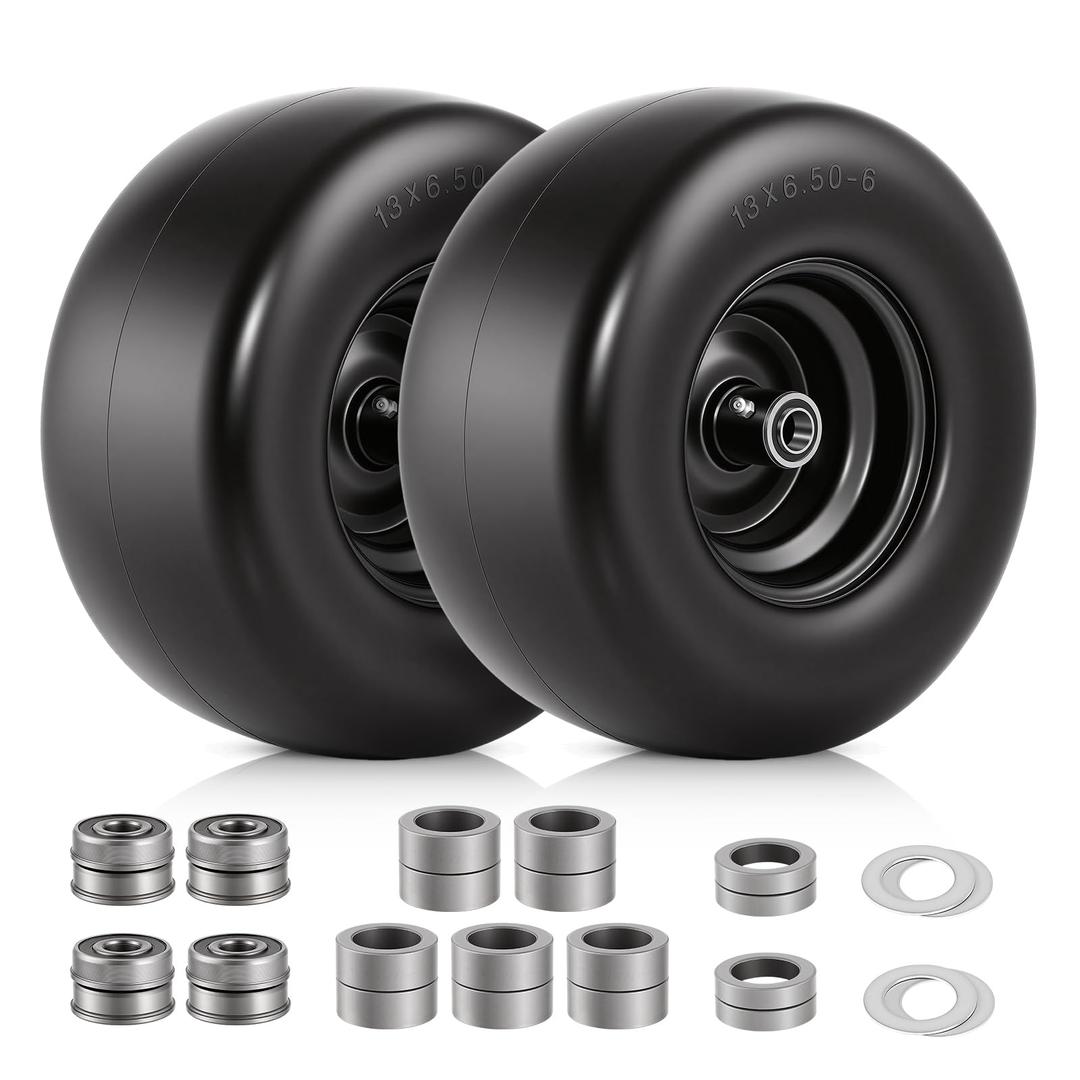 2 PCS 13×6.50-6 Flat Free Lawn Mower Tires and Wheel, Solid Smooth Tread Tire, 13x6.50-6 Zero Turn Mower Front Tires for Commercial Garden Lawn, with 3/4" & 5/8" Bearings, 4"- 8.2" Centered Hub