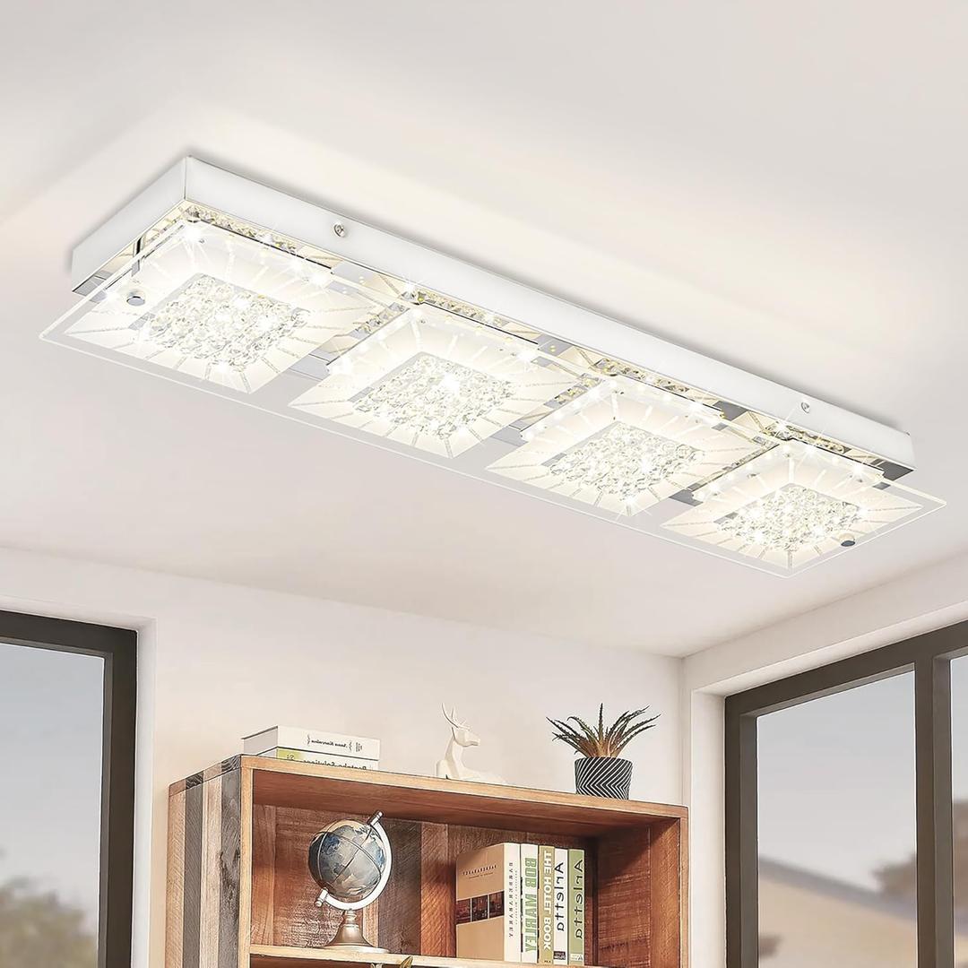 Flush Mount Ceiling Light Crystal Ceiling Light Fixture 24IN Long Rectangle Lighting Fixtures Ceiling Dimmable LED Ceiling Lights for Kitchen, Bathroom, Hallway, Living Room, 25-Inch Rectangular Crystal Ceiling Light