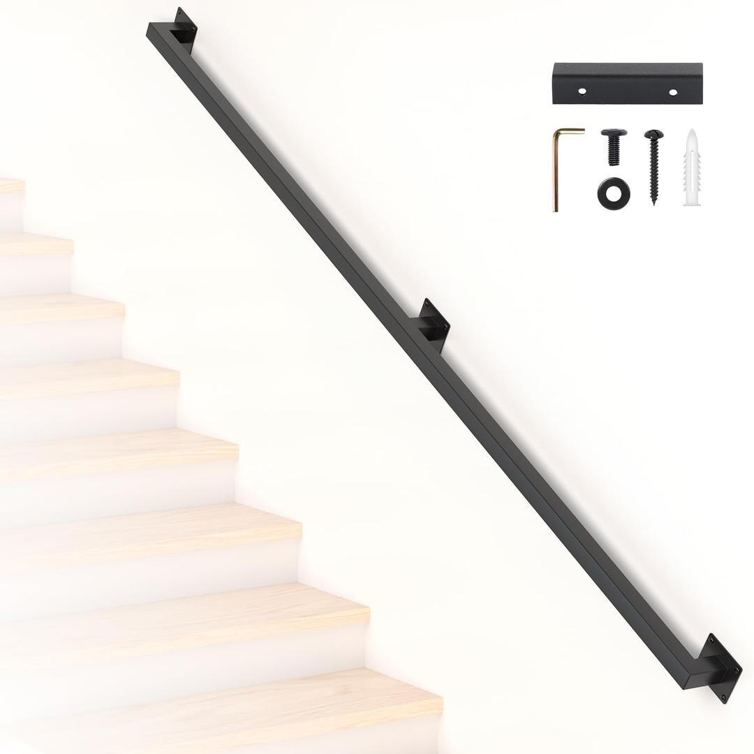 6FT Industrial Pipe Stair Railing Wall Mounted 500lbs Capacity Black