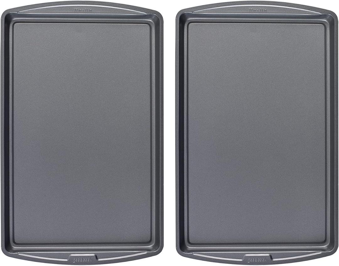 2 x GoodCook Everday Nonstick Carbon Steel 17 x 11-Inch Baking Sheet Set, 2 Pack Medium Sized Cooking Pans, Bakeware Set, Cookie Sheets for Baking, Oven Pan Set