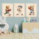 3 Pcs Nursery Bear Wall Art Boys Sports Canvas Wall Decor Vintage Cute Animal Poster Prints Kids Room Painting Pictures for Living Room Bedroom (16x24in Poster) (16L" x24W")
