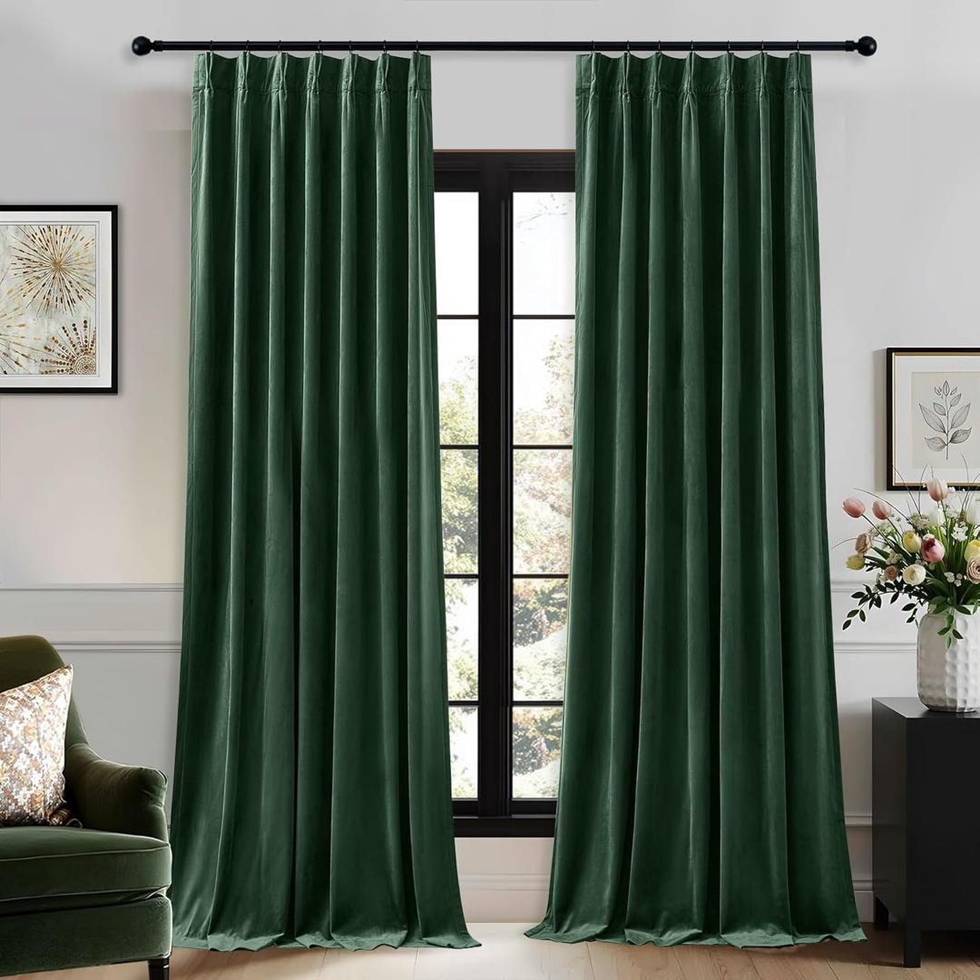 Dark Green Pinch Pleated Velvet Blackout Curtains 84 inches Long 2 Panels Set,Green Luxury Elegant Drapes for Bedroom Living Room,Thermal Insulated Back Tab Window Panels,W40 x L84,Home Decor