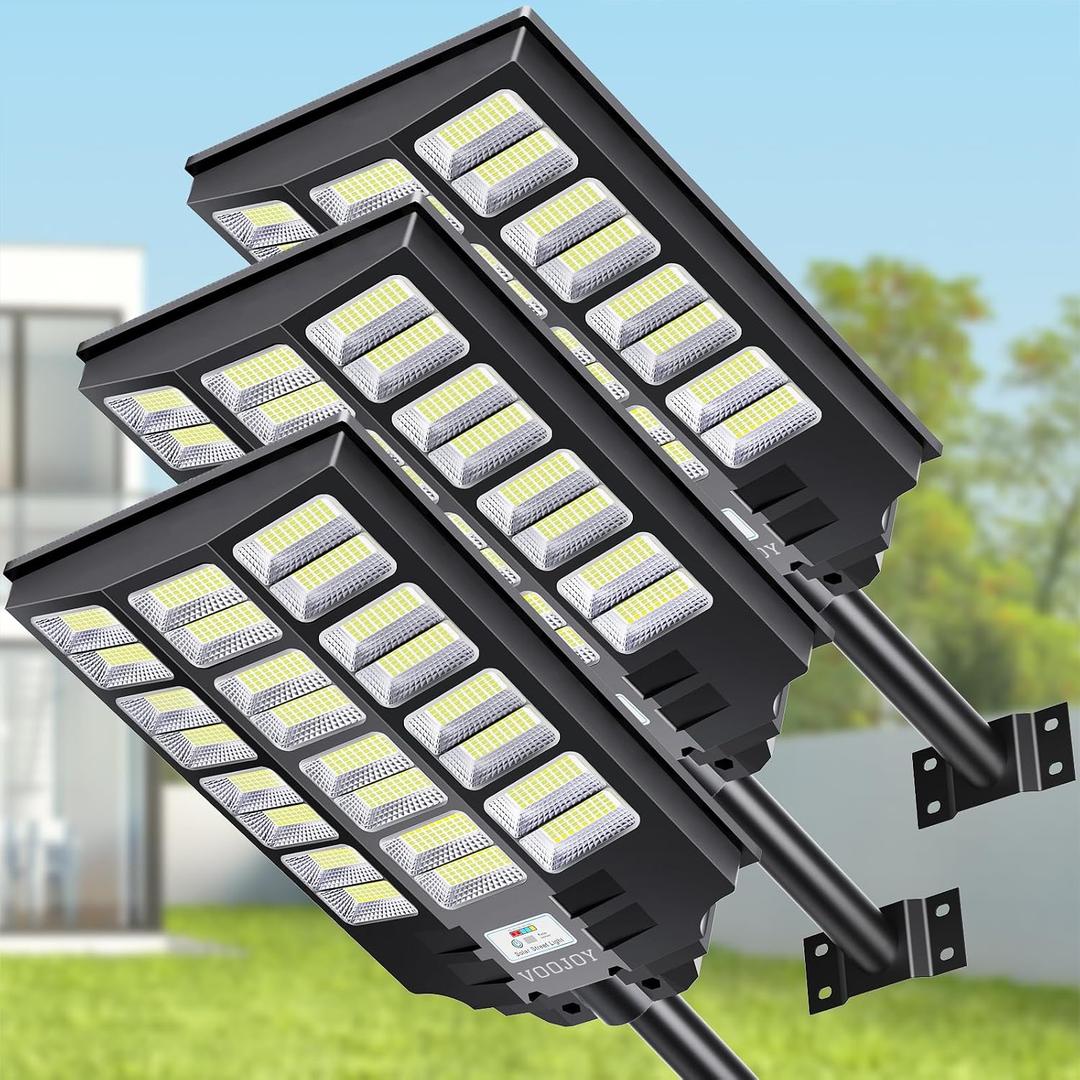 VOOJOY Solar Street Lights Outdoor Waterproof, Dusk to Dawn Solar Lights Outdoor with Motion Sensor and Remote Control for Yard, Parking Lot, Garage, Street, 3 Pack, 8000w*3pack
