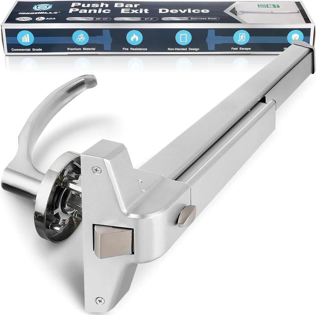 IRONWALLS Commercial Door Push Bar Panic Exit Device with Exterior Lever, 70cm/27.5 Stainless Steel Panic Bars for Exit Doors, Emergency Exit Panic Door Hardware for 28-41 Wood Metal Door, Silver