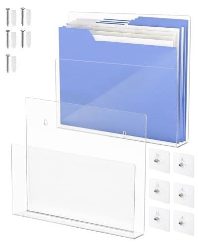 BEZONO 2 Pack 13 Inch Acrylic Wall File Holder with 6 No-Drill Adhesive Stickers and Side Openings for Multi-Size Storage (translucent)