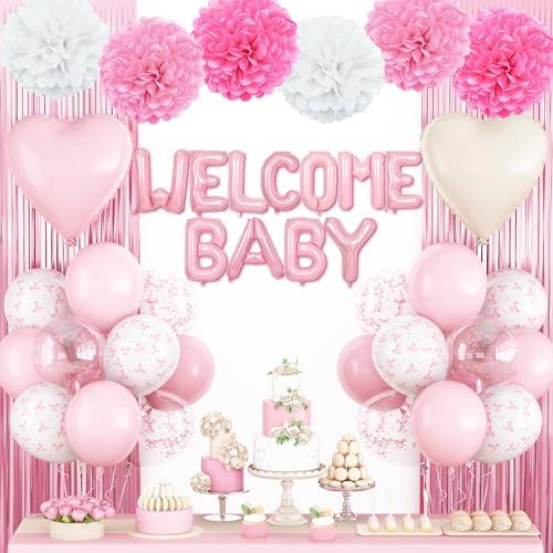 Pink Baby Shower Decorations for Girl,Welcome Baby Balloon Banner with Coquette Pink White Bow Balloons Fringe Curtains Paper Pom Poms for Baby Shower Gender Reveal Party Supplies