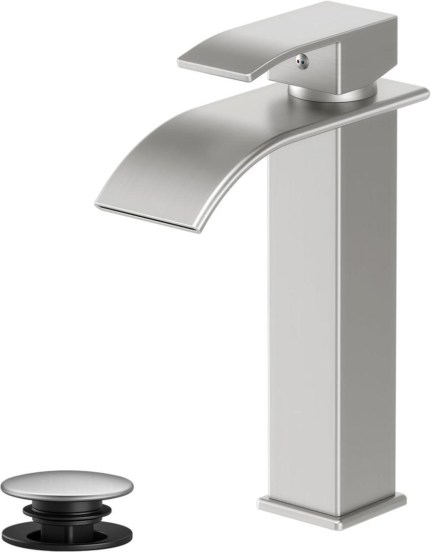 Rywuanku Tall Brushed Nicklel Bathroom Faucet Waterfall Spout, Single Handle Sink Faucet with Pop-up Drain & Deck Plate, Modern 1 Hole Vanity Faucet for RV, Farmhouse, Camper or Bathroom