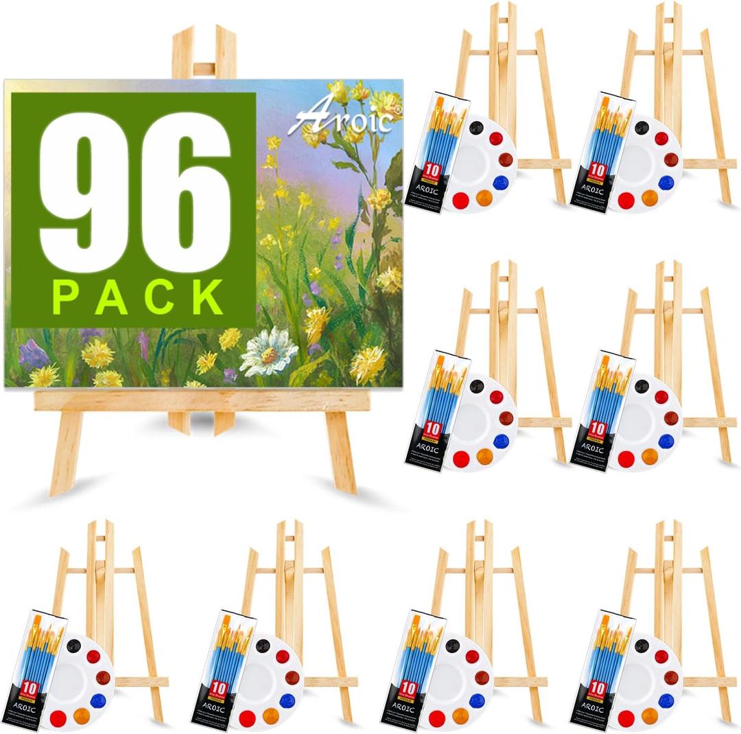 AROIC 96 PCS Painting Supplies Set with Easels, 8 PCS Wood Easels, 8 Packs of 80 Brushes with Nylon Brush Head and 8 PCS Palettes, Tabletop Wooden Art Easel for Kids & Adults Sip and Paint Party