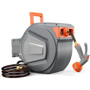 NEWBULIG Garden Hose Reel, 1/2" x 150 ft Retractable Heavy Duty Water Hose Reel with 9 Pattern Nozzle, Slow Retract System, 180° Swivel Wall Mount for Outside Yard Cleaning