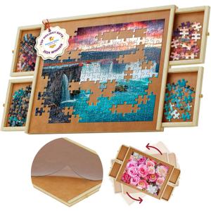 1000 Piece Wooden Jigsaw Puzzle Table - 4 Drawers, Rotating Puzzle Board | 30 X 22 Jigsaw Puzzle Board | Puzzles Cover Included - Portable Puzzle Tables for Adults and Kids by Beyond Innoventions