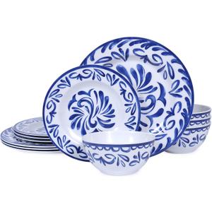 12-Piece Melamine Plates and Bowls Set - Blue & White Dinnerware Set， Service for 4, Lightweight Melamine Dishes Set for Indoor and Outdoor Use，Artistic Blue Floral