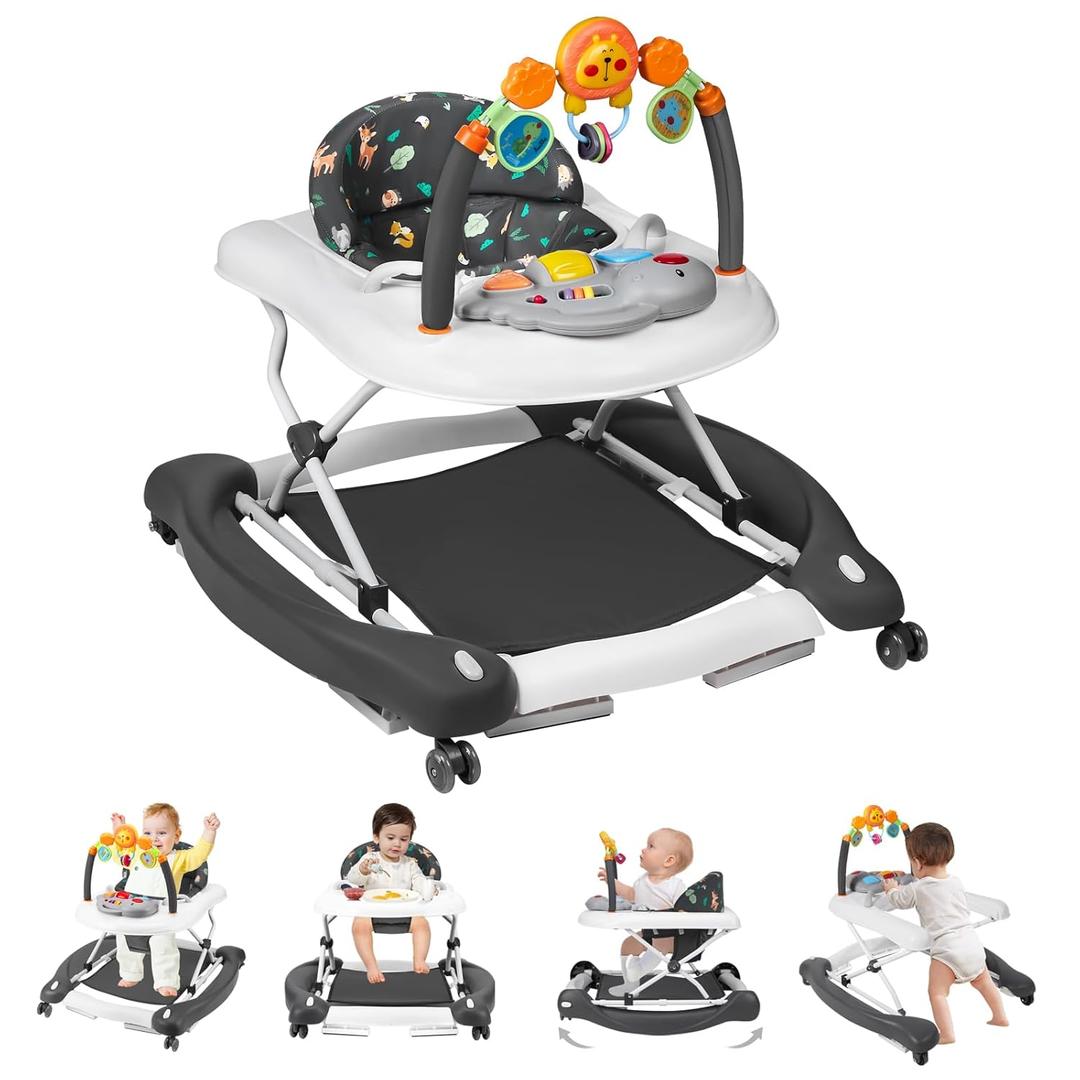 Baby Walker, 5 in 1 Baby Walkers for Boys Girls 6-12 Months, Foldable Walkers for Babies with Bouncer & Feeding Tray, Music, Adjustable Heights, Activity Walker for Infant