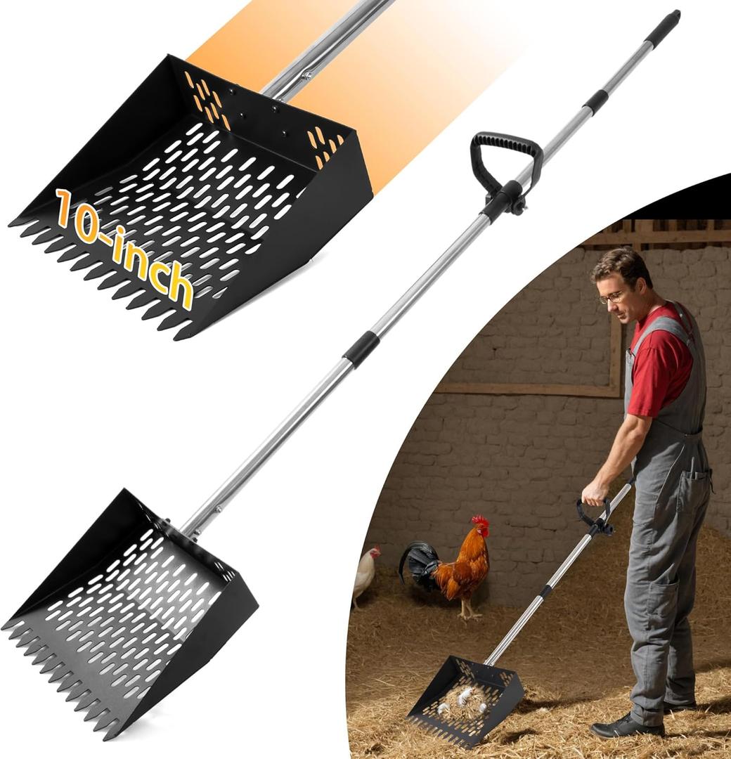 Chicken Poop Scooper & Rake 2-in-1, 10inch Metal Coop Shovel, Sand Sifting Shovel with 35"-62" Long Adjustable Stainless Steel Handle,Cleaning Tools for Chicken Coop Accessories & Farm Livestock Scoop