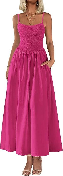 PRETTYGARDEN Women's Smocked Maxi Dresses 2025 Summer Beach Sundress Casual Spaghetti Strap Swing A Line Long Flowy Dress (M, Rose Red)