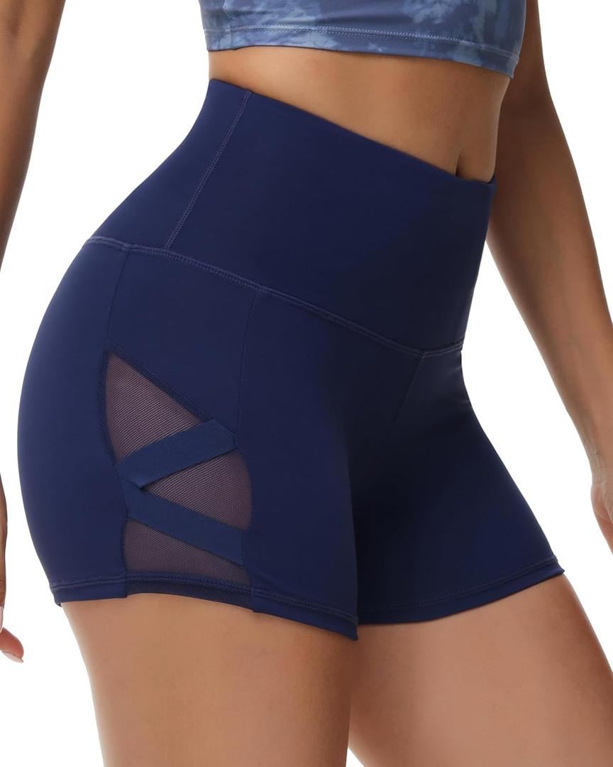 romansong Women's Mesh Leggings Yoga Pants with Pocket, Non See-Through Capri High Waisted Tummy Control 4 Way Stretch (Navy-3"Shorts) Small