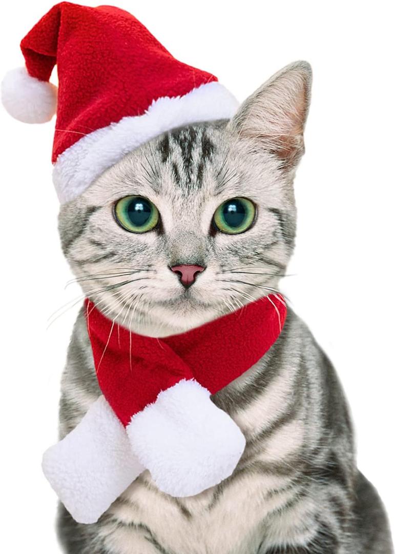 NAMSAN Christmas Cat Hats Costume, Santa Hat with Red Scarf for Cats Small Dogs, Rabbit Christmas Hat Outfit, Small Xmas Apparel for Statue Decoration