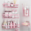 5 Pack Shower Caddy Organizer Rack Shelf for Inside Shower, Adhesive Bathroom Wall Storage Basket Rustproof Stainless Steel Shampoo Holder, Girly Bathroom Accessory Decor Set, Pink