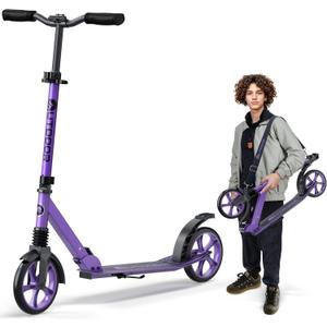 Outdoor Cruiser Kick Scooter for Ages 6+, for Kids, Teens, and Adults, Max Load 250 LBS, Foldable, 8-inch Big Wheels, Dual Suspension, 3 Adjustable Levels, Child Safety Approved, Purple