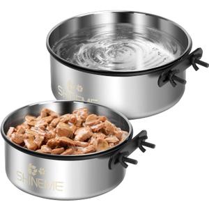 Dog Kennel Bowls for Crates, ShineMe 54oz & 34oz Dog Food Bowl and Crate Water Bowl No Spill, Stainless Steel Dogs Bowls Mountable 2 Pack, Silver (7.1x2.9 & 6.2x2.6)