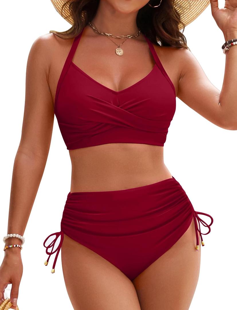Blooming Jelly Womens High Waisted Bikini Sets Drawstring Tummy Control Swimsuits Crisscross Tie Back Bathing Suit (Small, Dark Red)