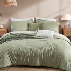 Monbix Queen Comforter Set - 7 Pieces Olive Green Prewashed Bed in a Bag Queen Bedding Sets with Comforters, All Seasons Down Alternative Comforter Bed Set with Sheets, Pillowcases & Shams (7 Piece-Queen (90X90''))