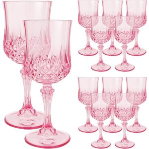 12PCS Plastic Glasses Pink, Reusable Glasses, White Goblet Glass, Sturdy Glasses Cups for Wedding Celebration Birthday Party Tasting New Years Eve Party Supplies