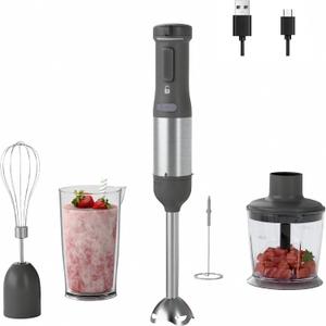 Cordless Immersion Hand Blender, 5-in-1 Variable Speed blender handheld,Rechargeable with 2000mAh Battery, BPA-Free & Dishwasher-Safe Accessories:700ml Beaker,Chopper,Whisk & Milk Frother,Grey
