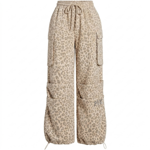 Floerns Women's Leopard Straight Leg Cargo Pants Cheetah Drawstring Ruched Trousers (L)