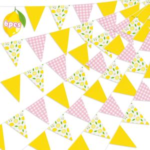6PCS Lemon Party Decorations Pennant Banners Pink and Yellow Triangle Flags Garland Lemonade Stand Supplies Summer Birthday Baby Shower Decor