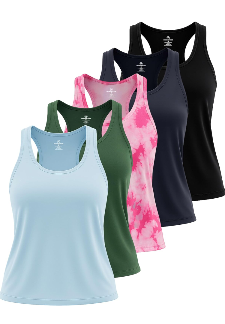Real Essentials 5 Pack: Women's Racerback Tank Top Dry-Fit Athletic Performance Yoga Activewear, S