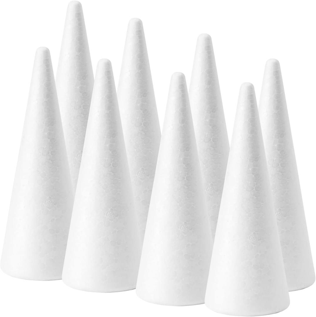 FFchuanhe 8-Pack Foam Cones (4X9.7in), Polystyrene Cone Shaped Foam, Foam Tree Cones, for Arts and Crafts, Christmas Tree, School, Wedding, Birthday, DIY Home Craft Project. White