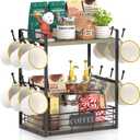 EsLuker.ly Coffee Mug Cup Holder Stand Bar Station Organizer for Countertop, Multi-Functional 2 Tier Mug Tree Rack for Kitchen, Storage Shelf with 12 Hooks, Grey Oak-Black(Patented Design)