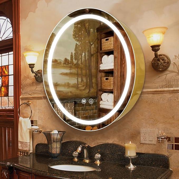 24inch Round Medicine Cabinet with Lights,Led Medicine Cabinet with Defogger,Illuminated Mirror Cabinet for Bathroom,Dimmable,Anti-Fog,3 Colors,Surface Mount Only,Gold