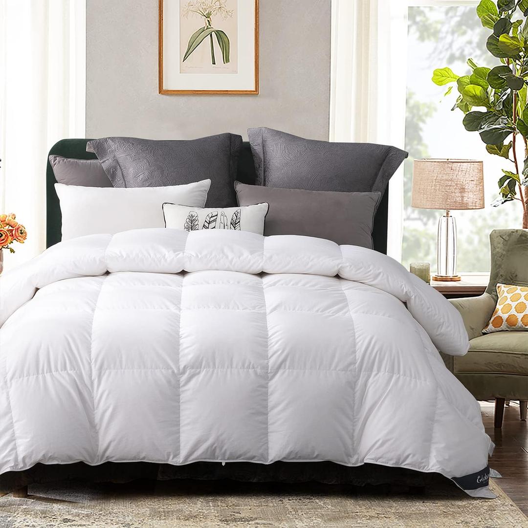 Globon Goose Down Comforter Queen Size All Season,400 Thread Count,Ultra Soft Noiseless Shell,,800 Fill Power Duvet Insert with Corner Tabs,White