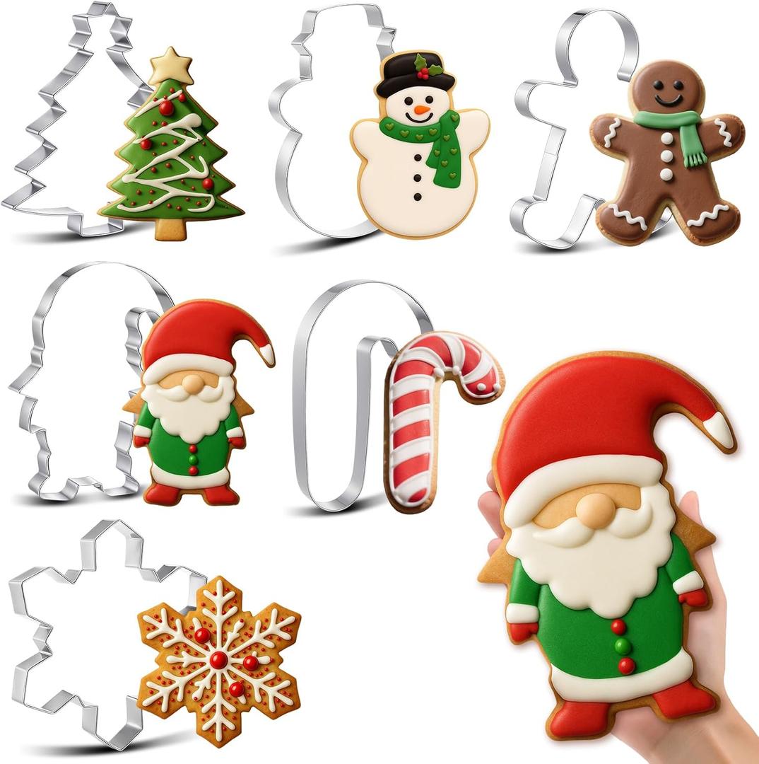 Teenyyou 6 Pcs Large Christmas Cookie Cutters 8" Holiday Cookie Cutter Stainless Steel Metal Christmas Baking Molds, Xmas Tree, Snowman, Gingerbread Men, Gnome, Candy Cane, Snowflake