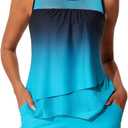 Summer Mae Womens Mesh Tankini Swimsuit Layered Bathing Suit Ruffle Two Piece Tummy Control Swimwear with Sporty Pockets Shorts Black and Blue Gradient, Size: 12